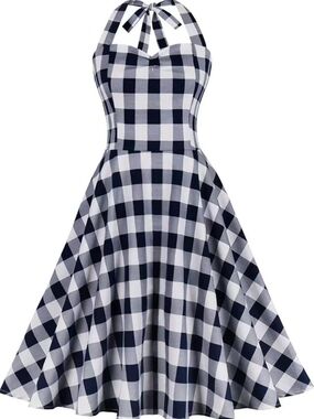 Gingham Halter Vintage inspired 1950s Rockabilly Halter Dress Black Plaid XL